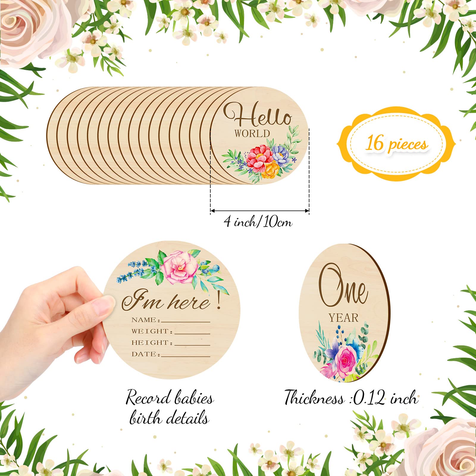 16 Pieces Wooden Baby Monthly Milestone Cards Baby Monthly Milestone Marker Discs Double Sided Monthly Milestone Wooden Circles
